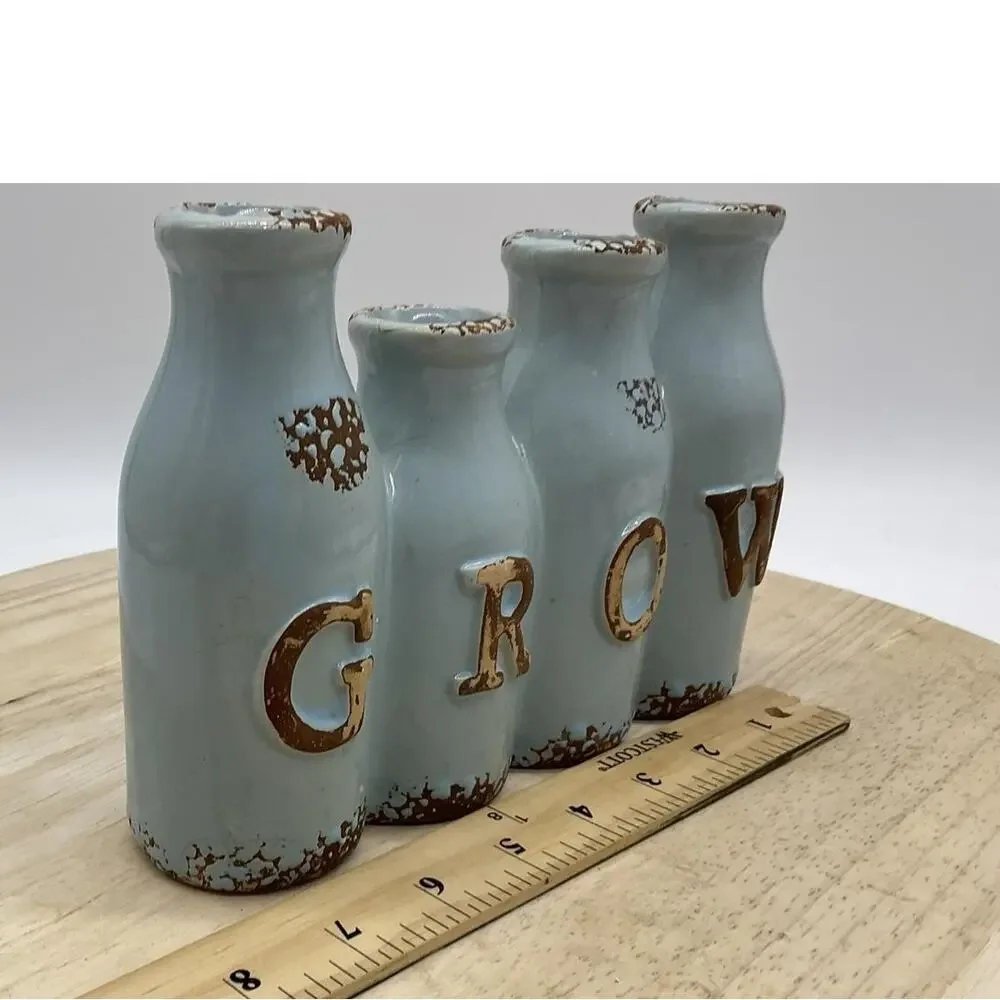 Ceramic‎ GROW Bud Vase Blue Bottle Shape Rustic Farmhouse Floral Decor Tabletop
